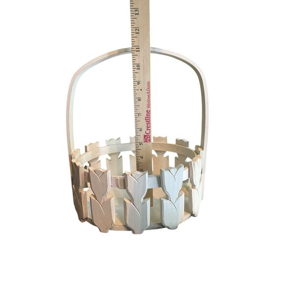 Wooden Tulip Basket Flowers Decor Folk Art White Tole Easter Bunny READ NOTE - Picture 6 of 8